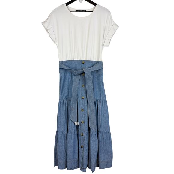 Veronica Beard Emmitt Mixed Media Tiered Chambray Blue White Dress Midi - Size 8 - Picture 1 of 11